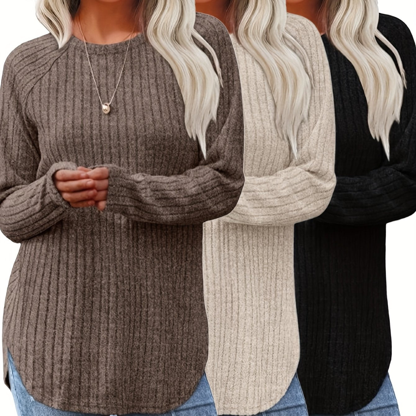 Women 3 Piece Sweater Set Casual Knit Round Neck Tee