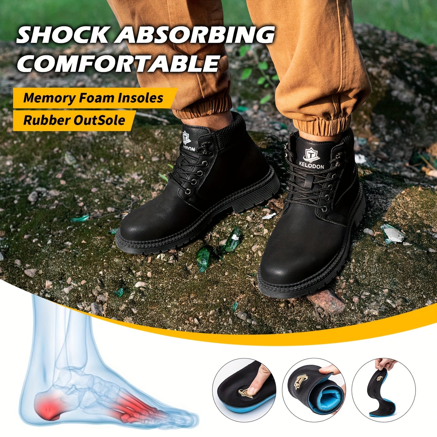 KELODON Men's Heavy Duty Steel Toe Work Boots Slip Resistant