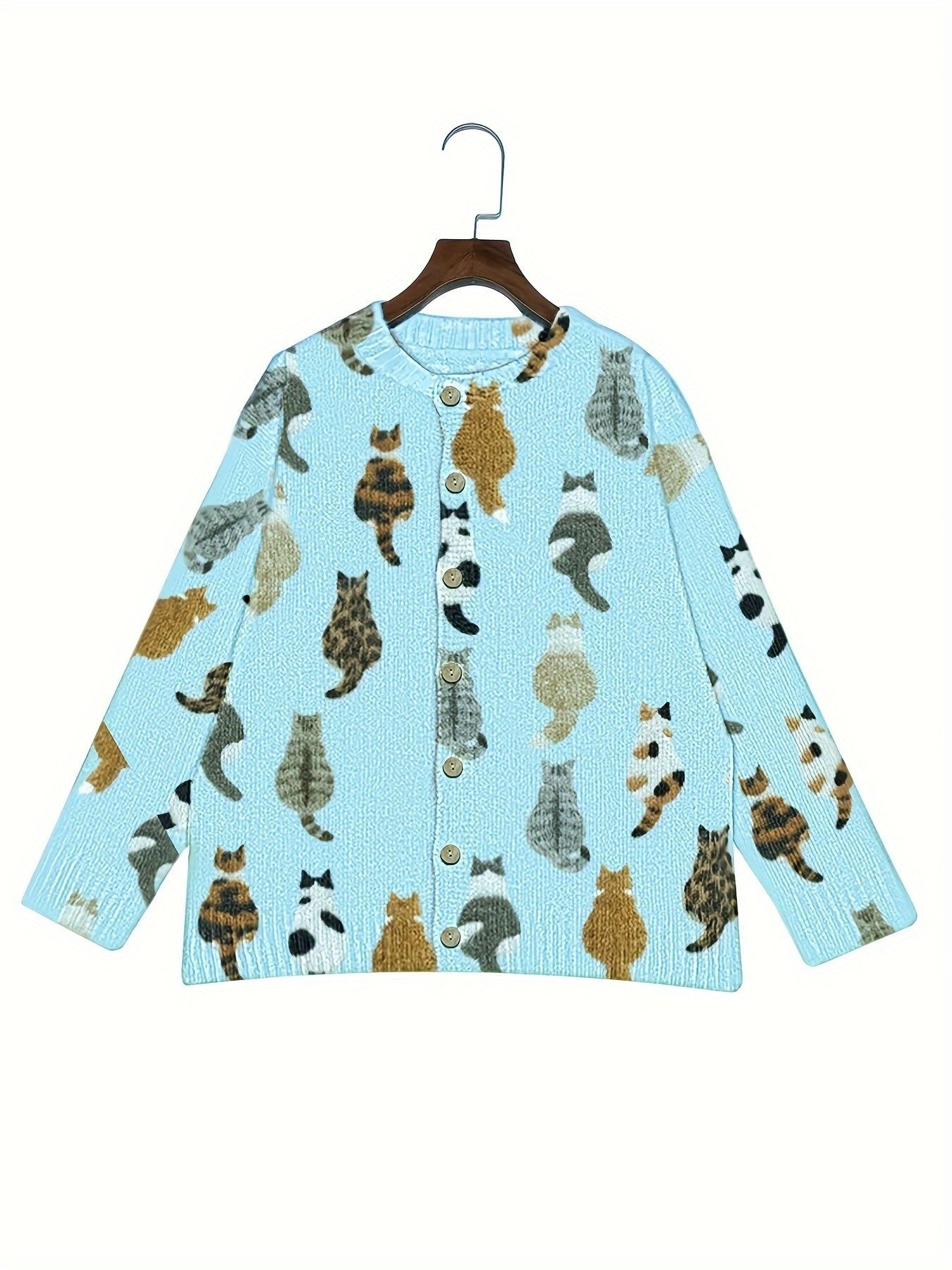 Cat Print Cardigan Sweater Allover Pattern Button Front