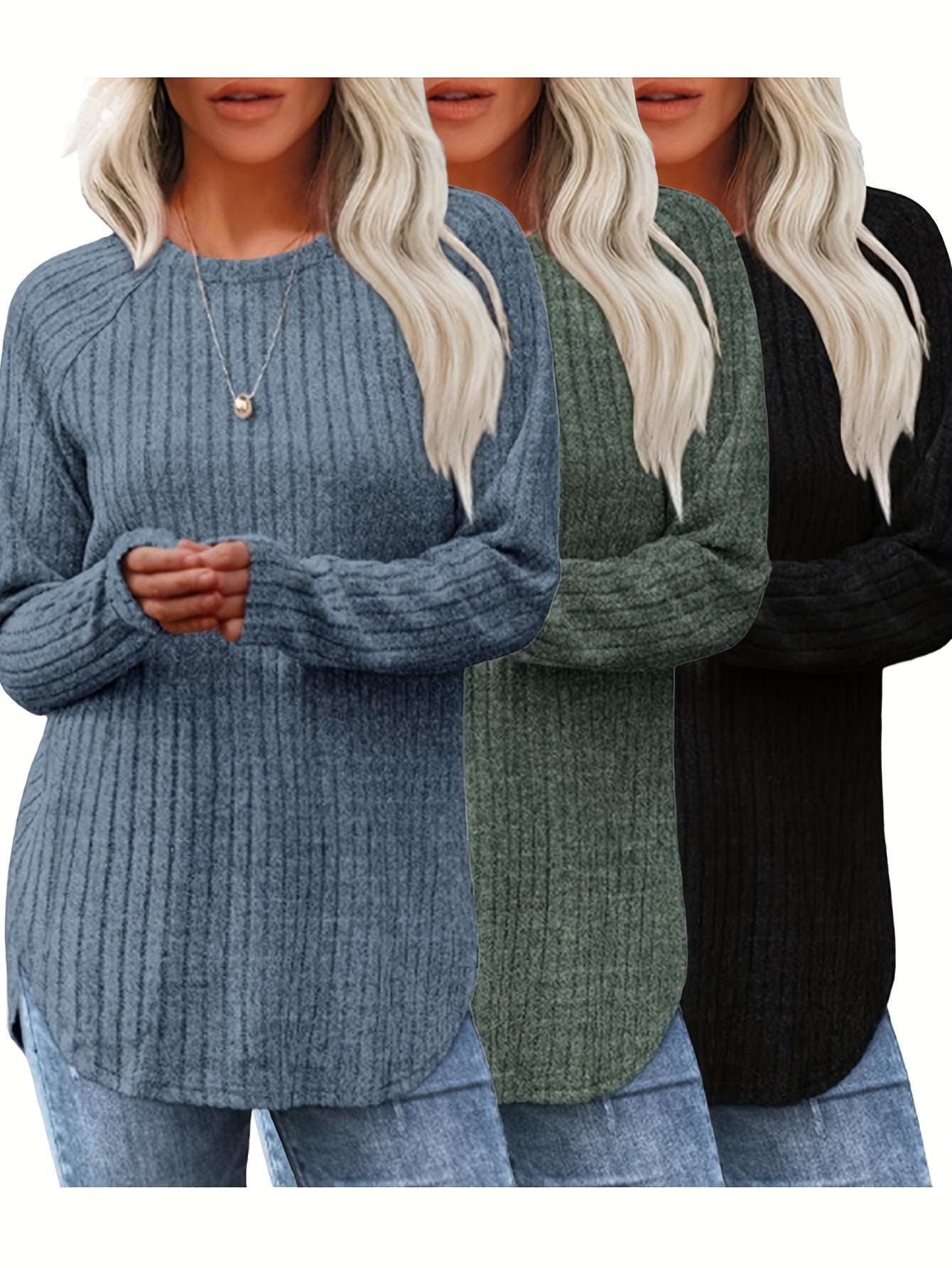 Women 3 Piece Sweater Set Casual Knit Round Neck Tee
