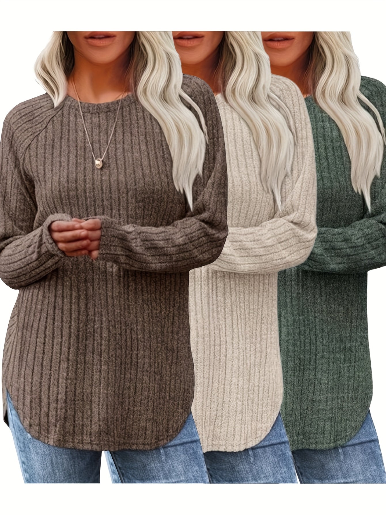 Women 3 Piece Sweater Set Casual Knit Round Neck Tee