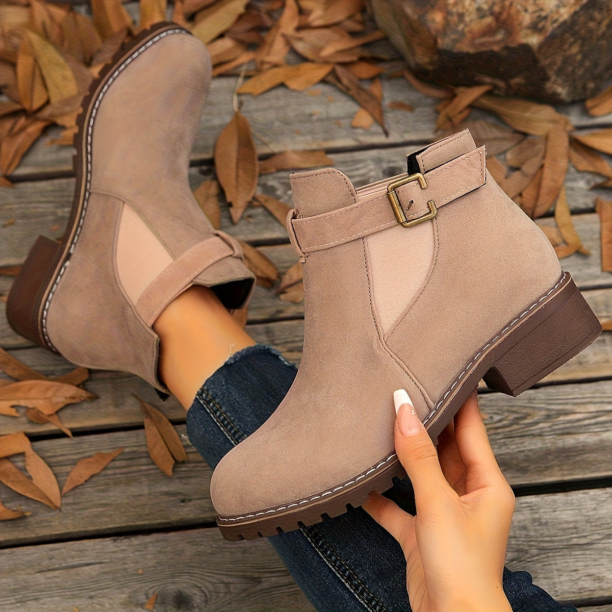 Women's Slip On Ankle Boots Buckle Strap Low Heel Comfort