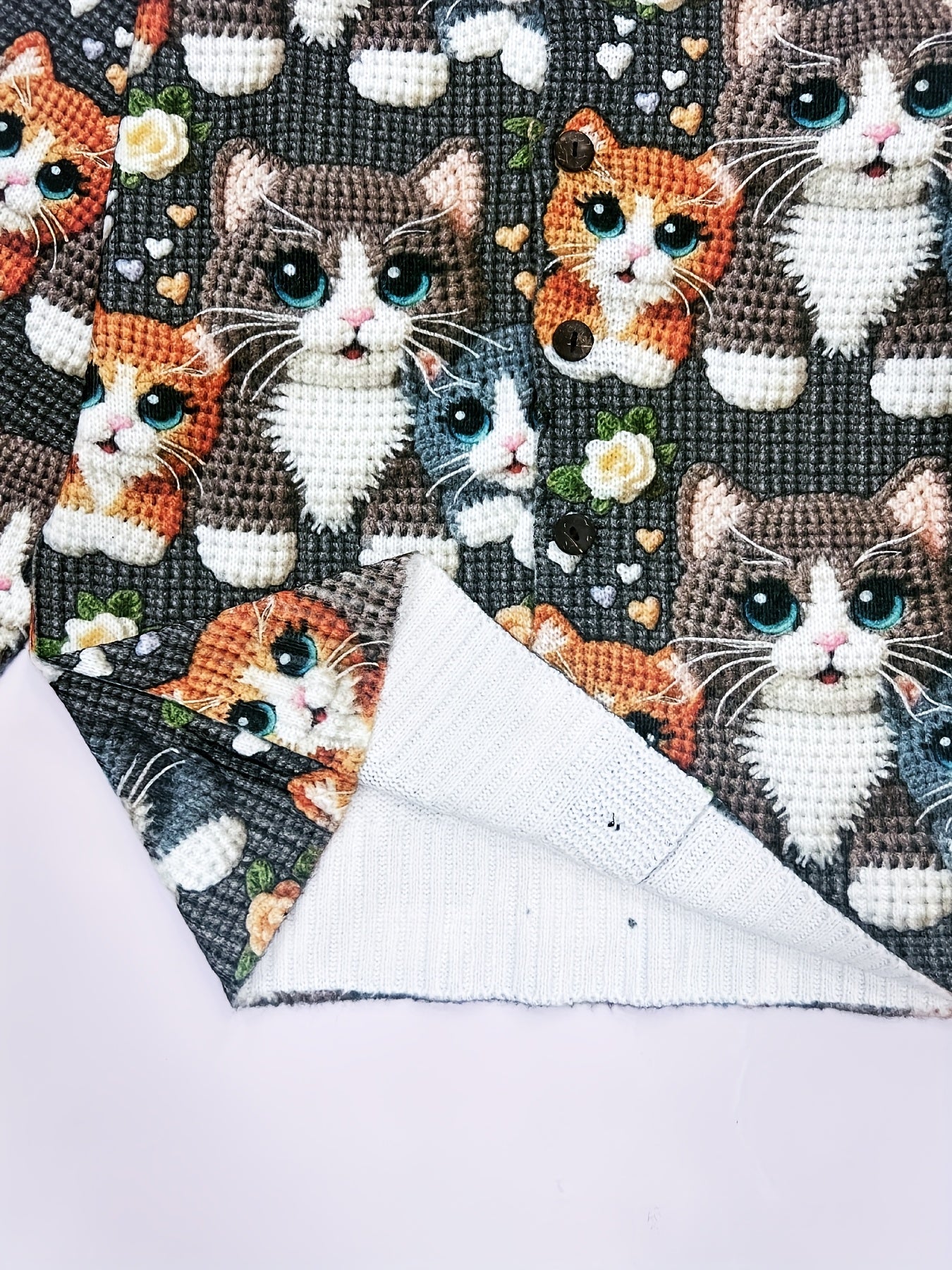 Elegant Cat Print Cardigan With Buttons Crocheted Cats