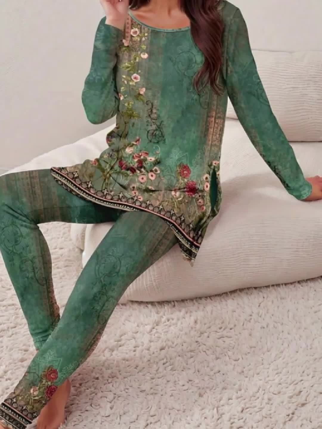 Womens Printed Long Sleeve Top And Pants Casual Set