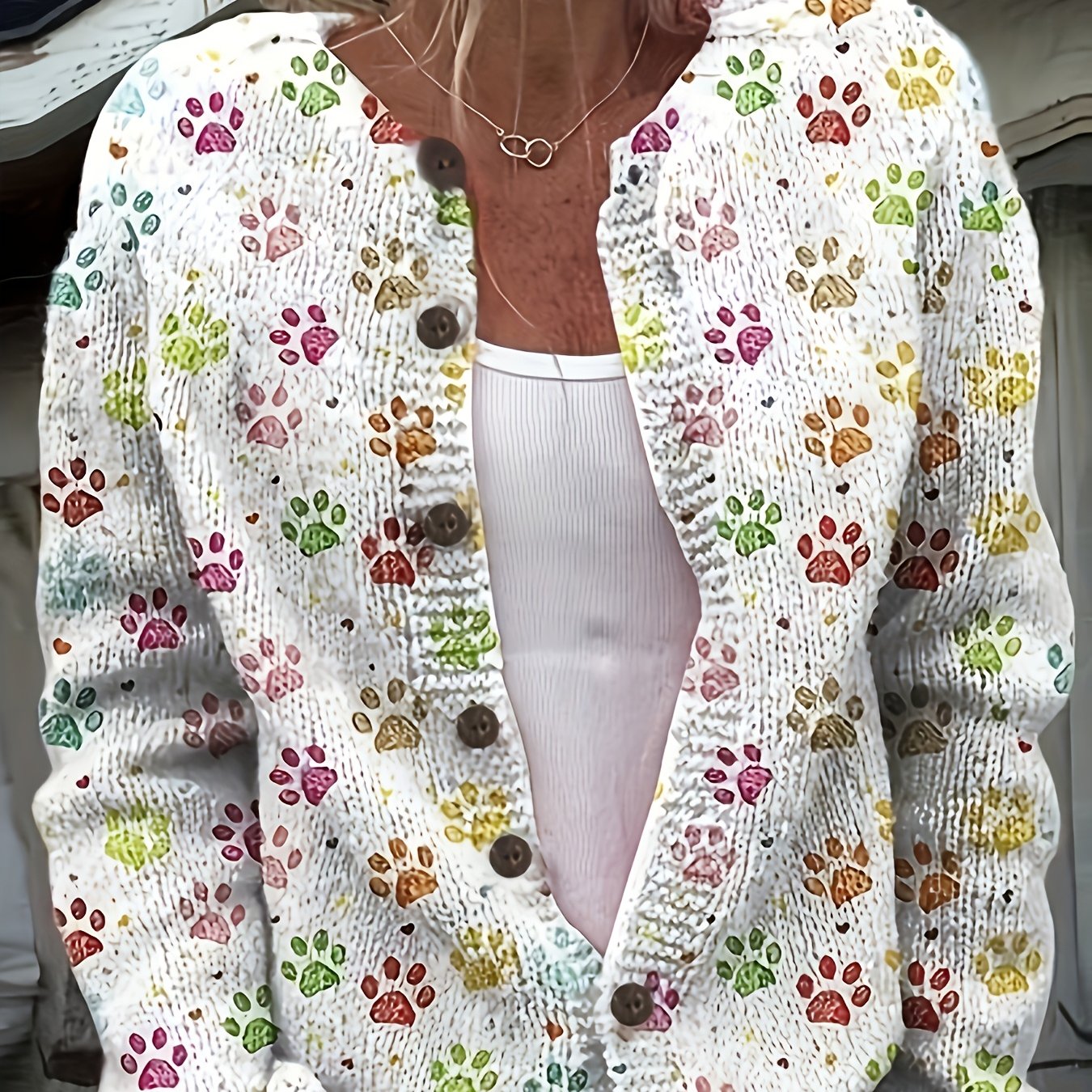Womens 3D Dog Paw Print Cardigan Button Front Sweater