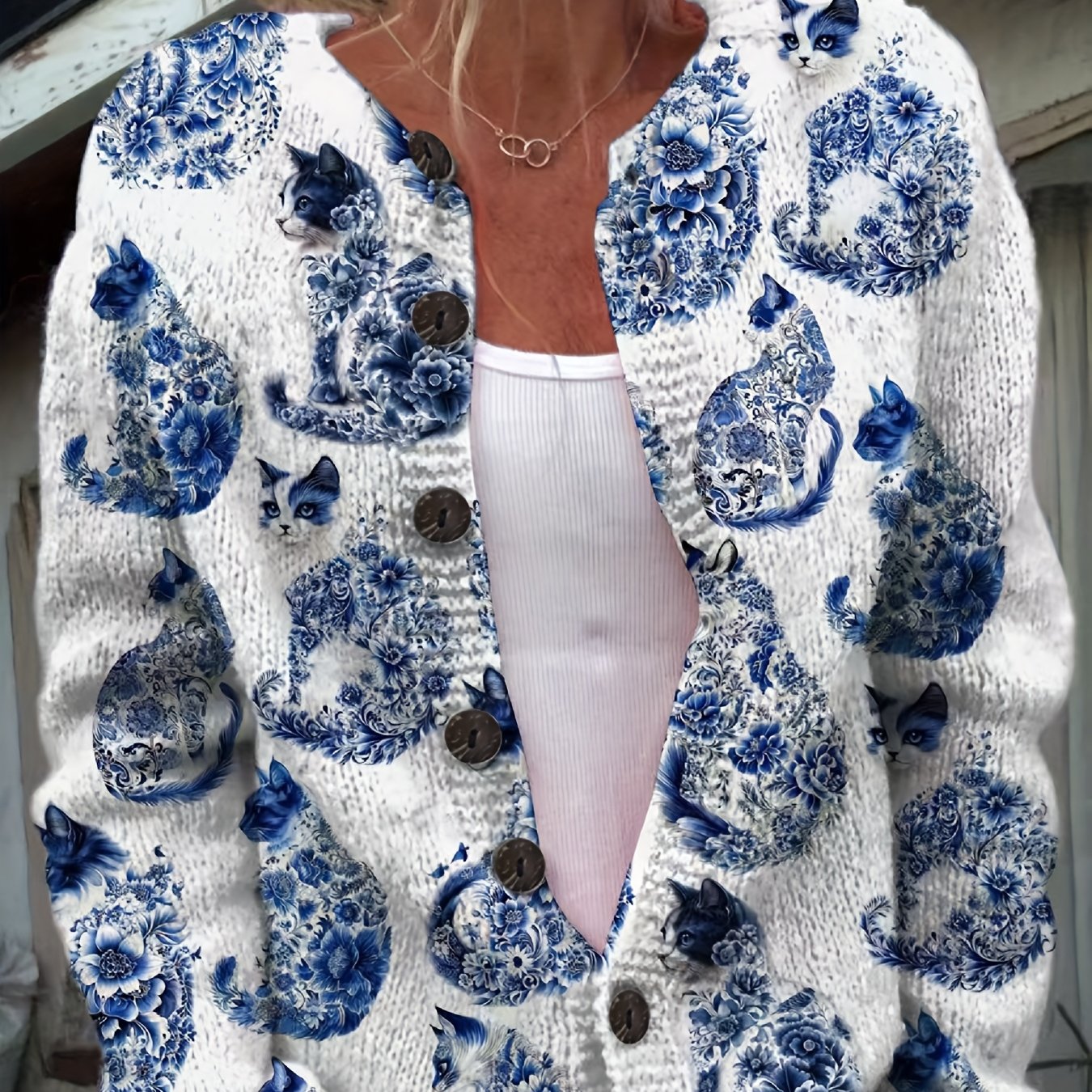 Women's Cat Print Cardigan With Button Detail Lightweight