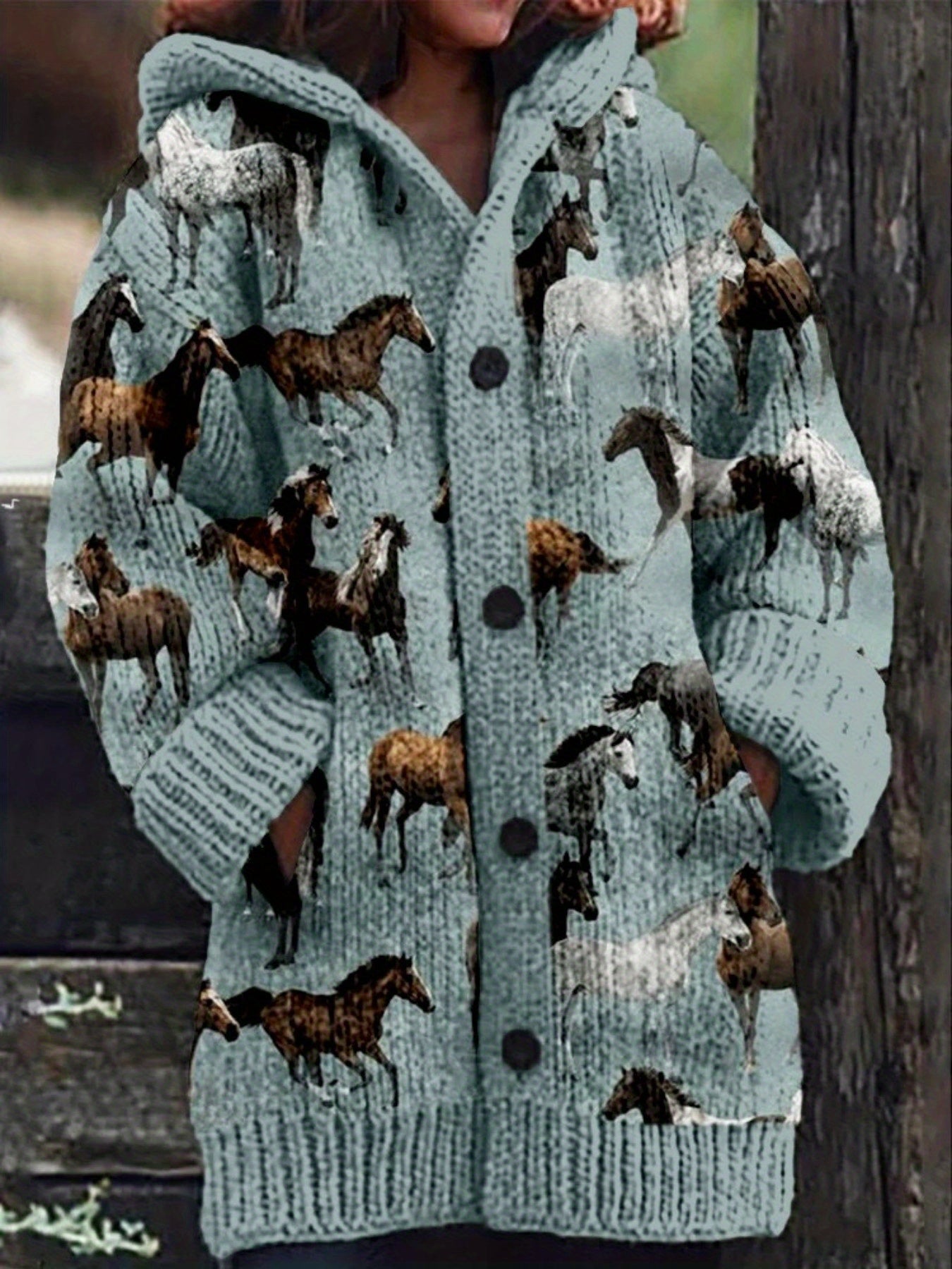 Winter Warm Hooded Horse Print Cozy Sweater for Women