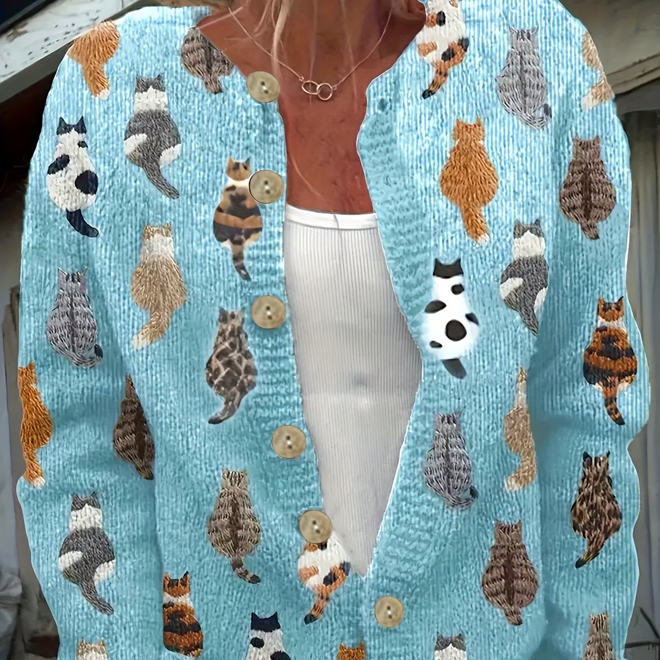 Cat Print Cardigan Sweater Allover Pattern Button Front