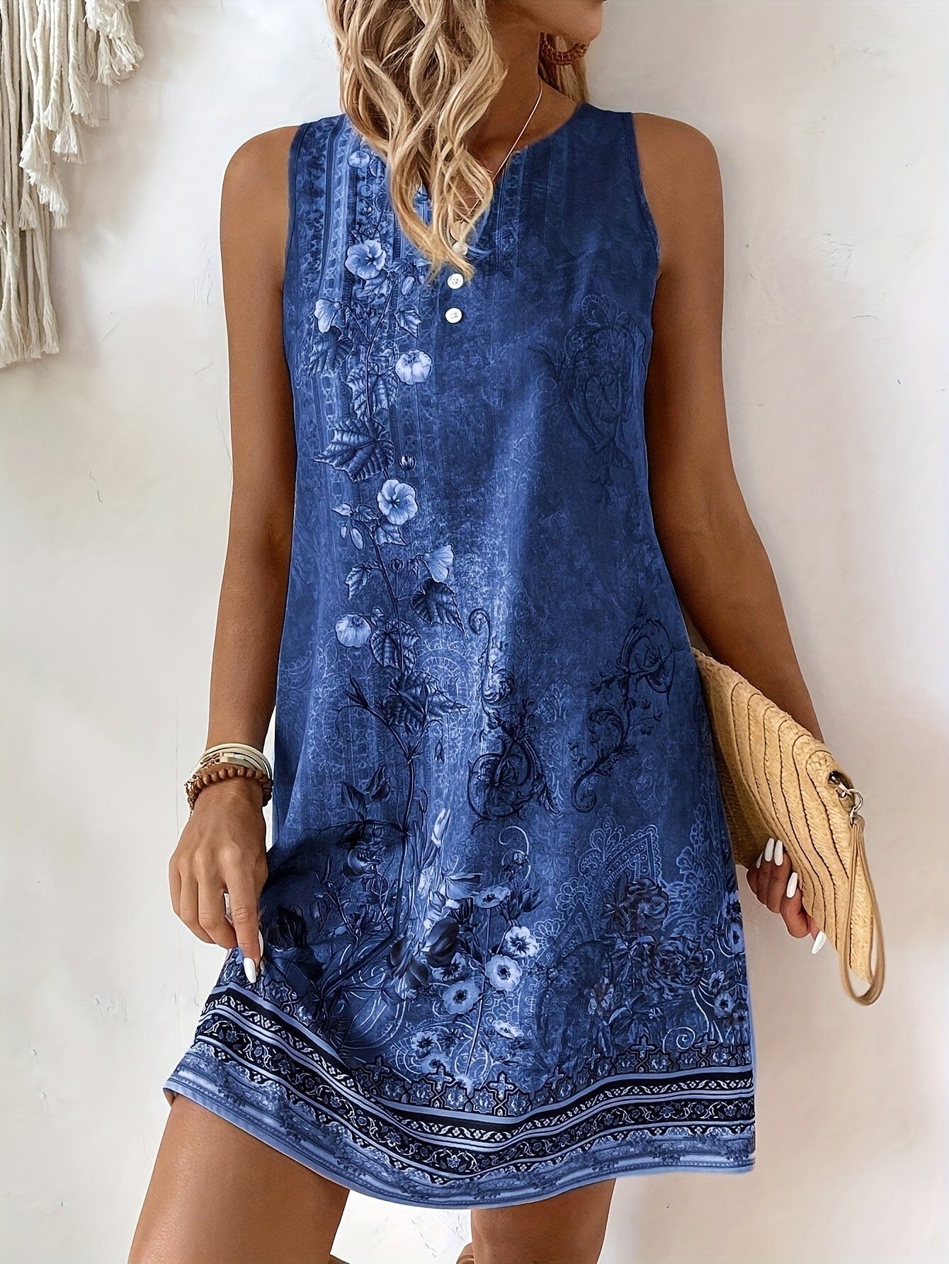Women's Elegant Print Sleeveless V Neck Dress