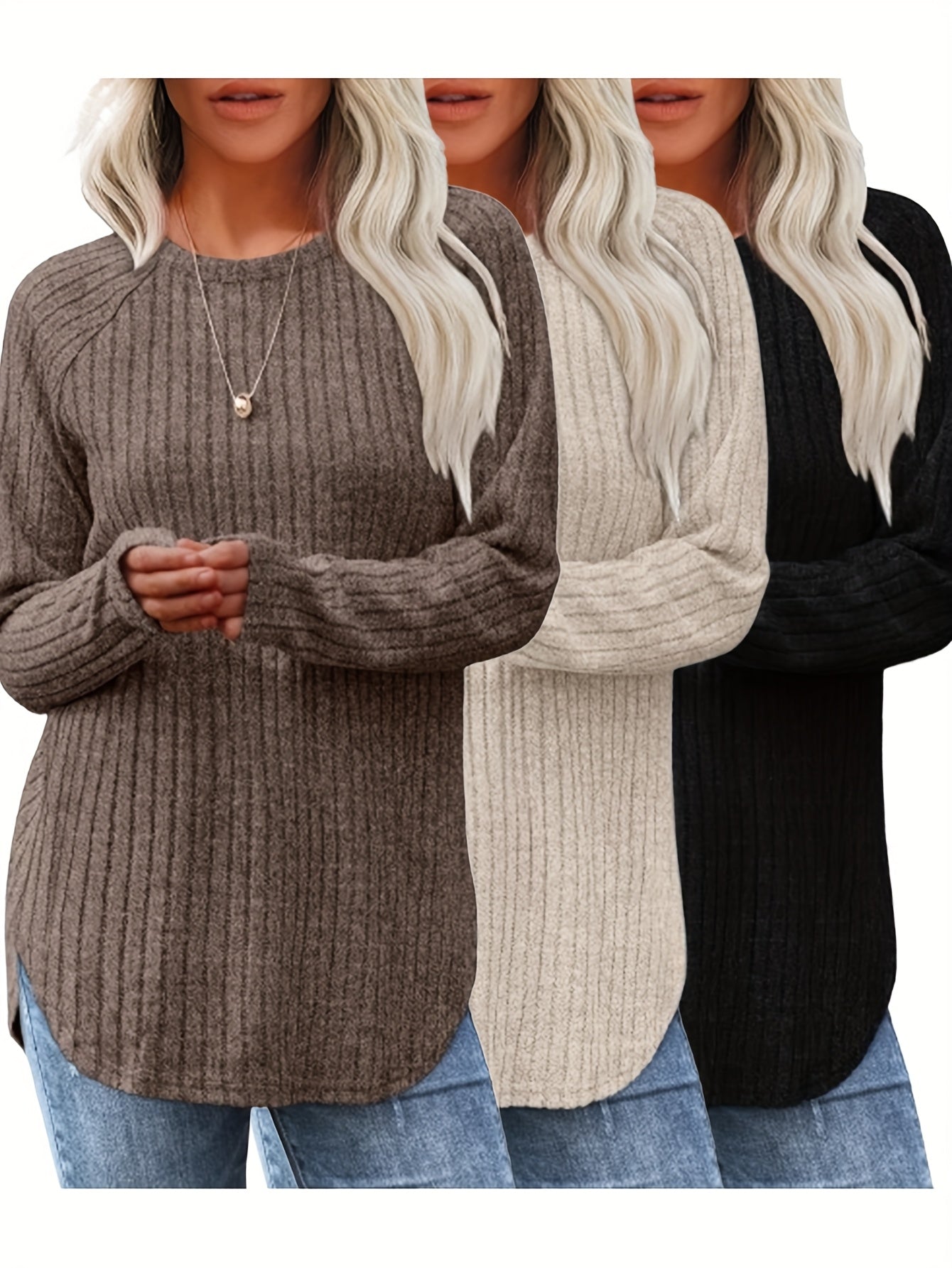 Women 3 Piece Sweater Set Casual Knit Round Neck Tee