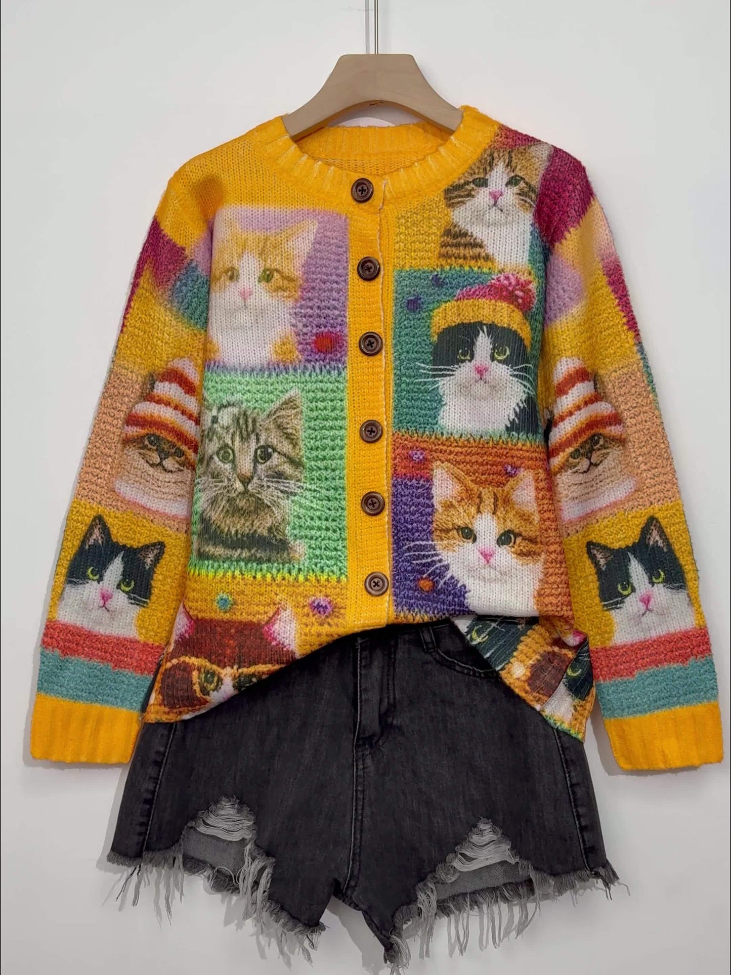Cat All Over Pattern Cardigan Sweater For Women Long Sleeve