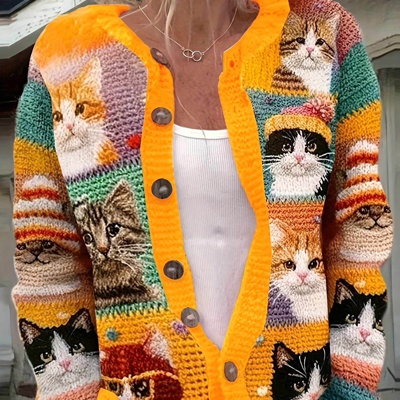 Cat All Over Pattern Cardigan Sweater For Women Long Sleeve