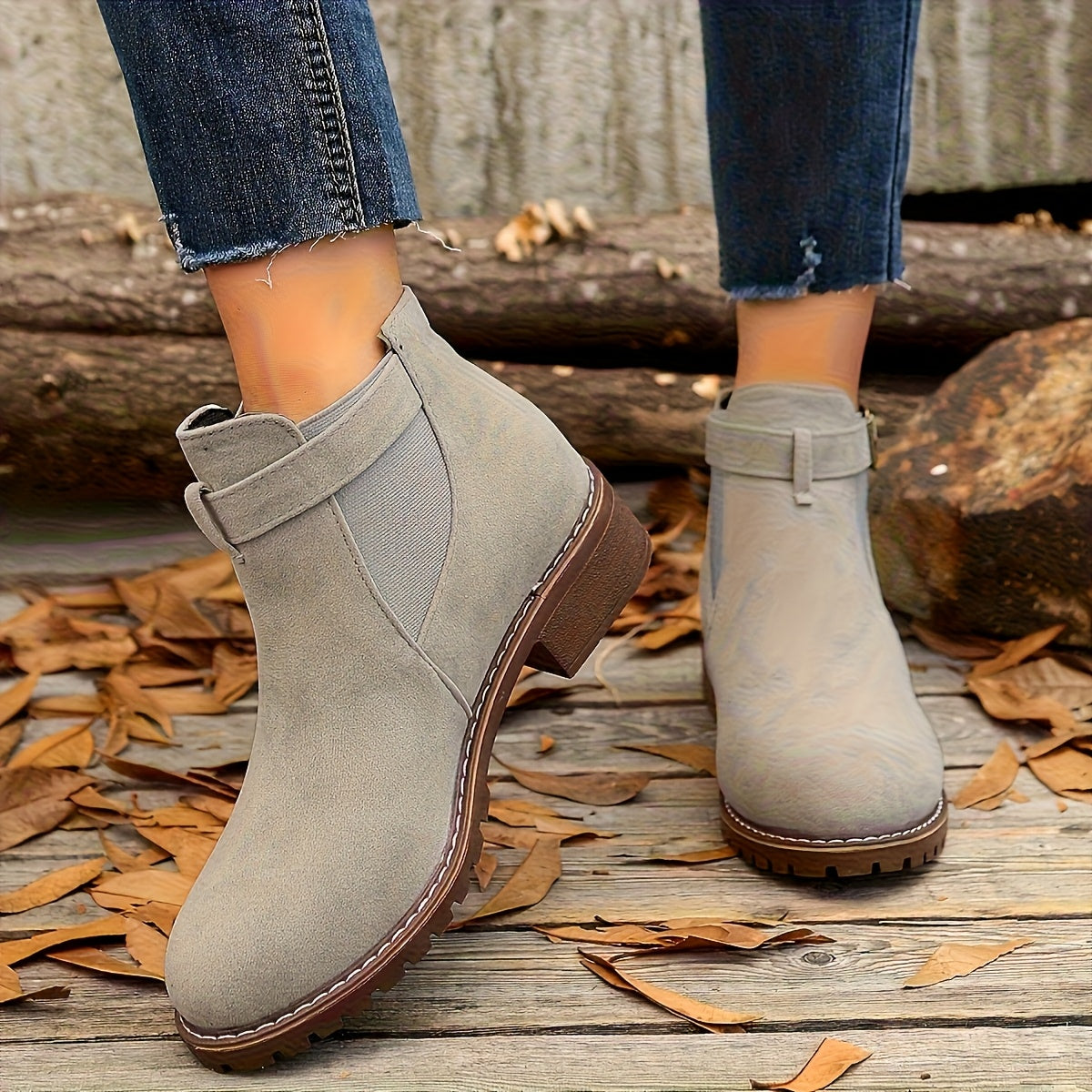Women's Slip On Ankle Boots Buckle Strap Low Heel Comfort