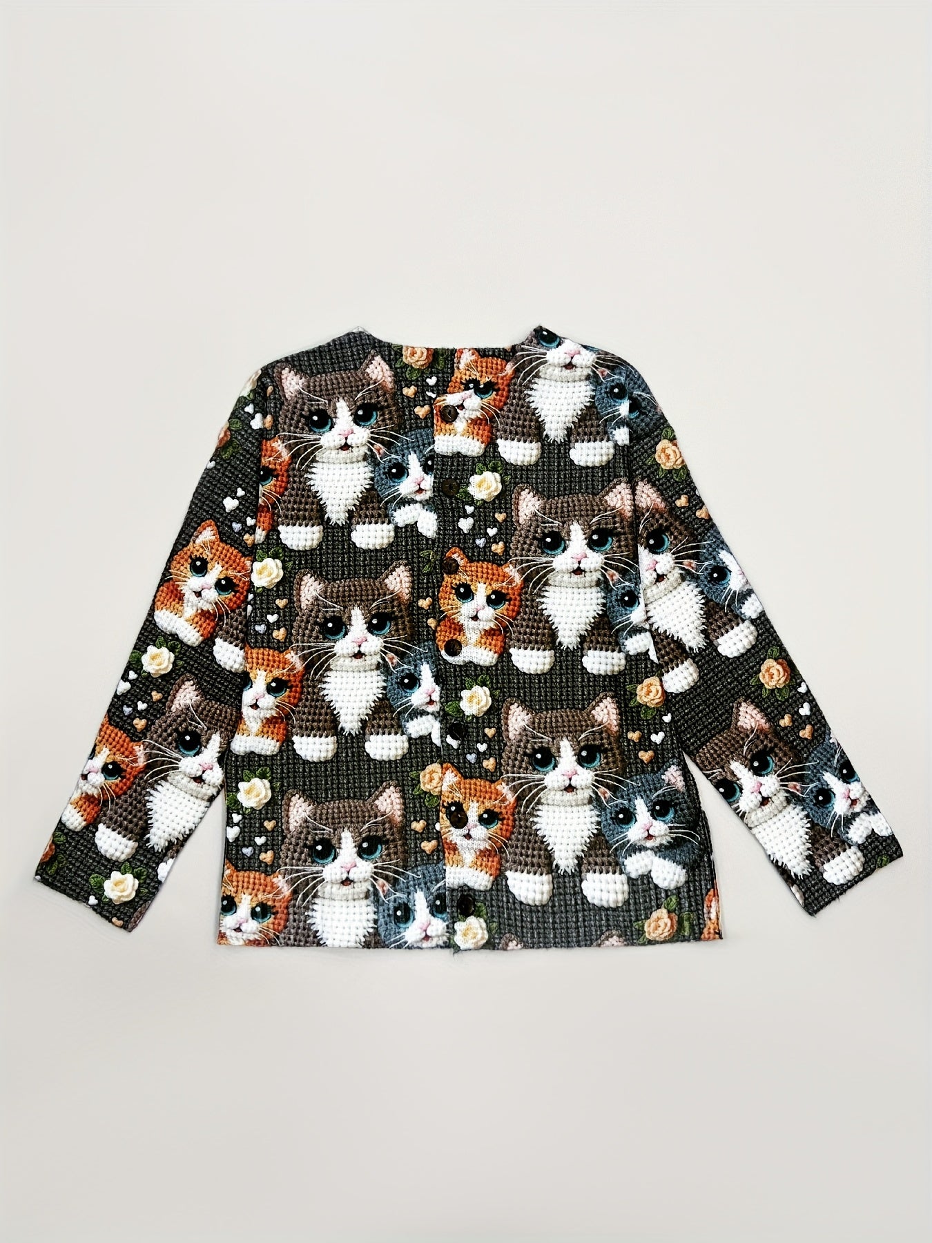 Elegant Cat Print Cardigan With Buttons Crocheted Cats