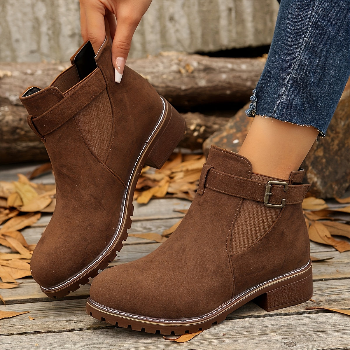 Women's Slip On Ankle Boots Buckle Strap Low Heel Comfort