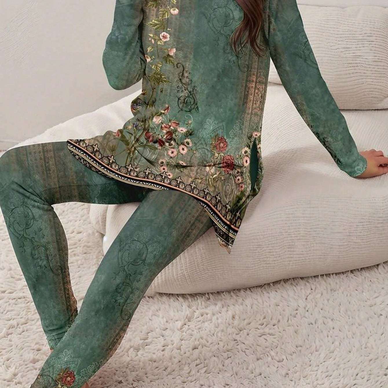 Womens Printed Long Sleeve Top And Pants Casual Set