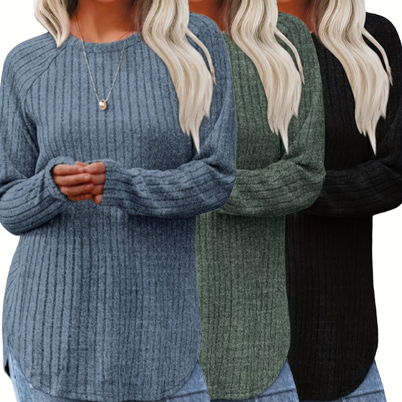 Women 3 Piece Sweater Set Casual Knit Round Neck Tee