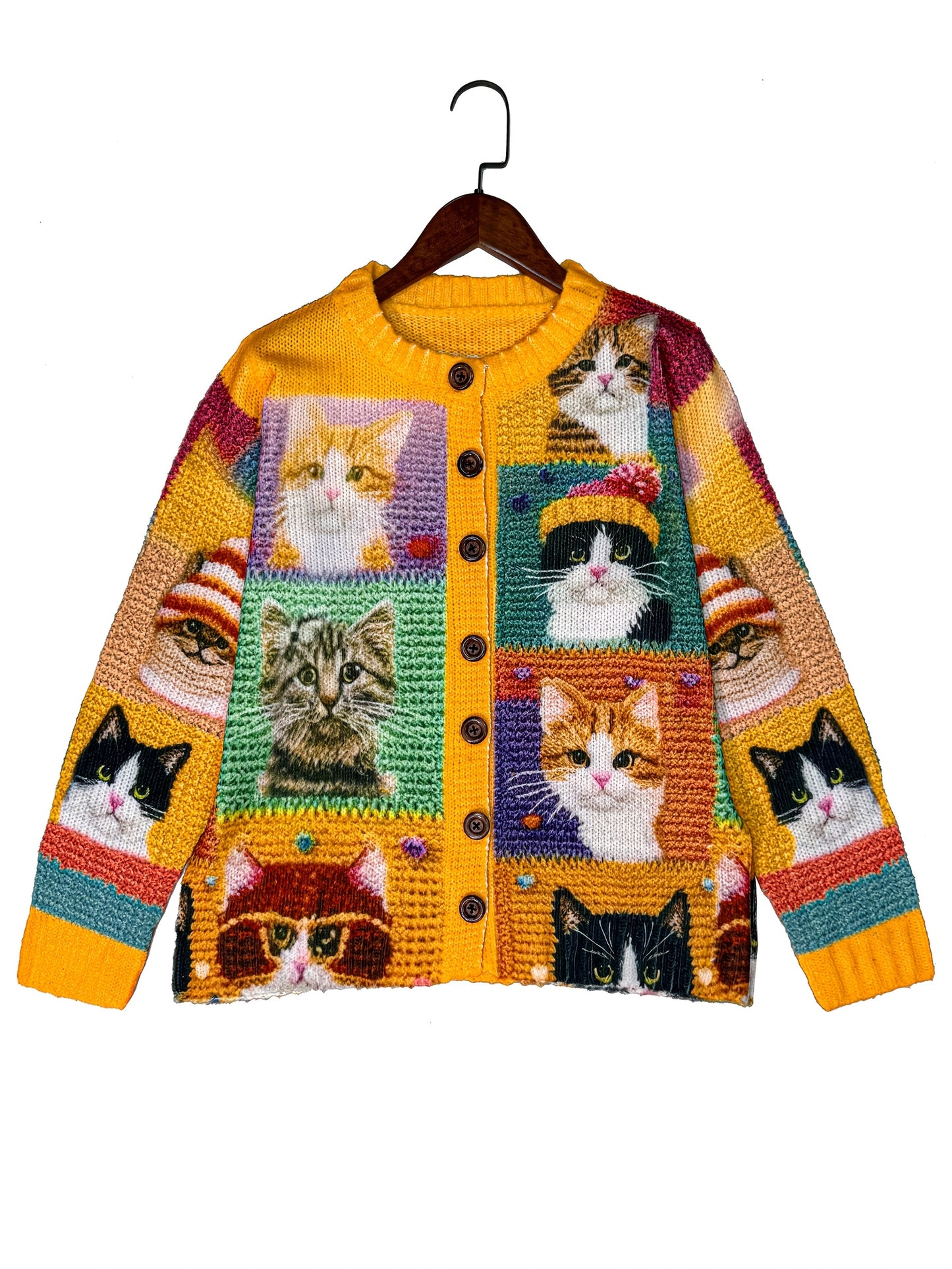 Cat All Over Pattern Cardigan Sweater For Women Long Sleeve