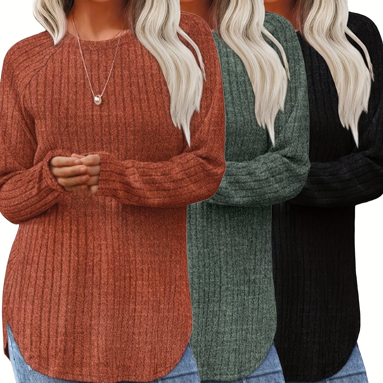 Women 3 Piece Sweater Set Casual Knit Round Neck Tee