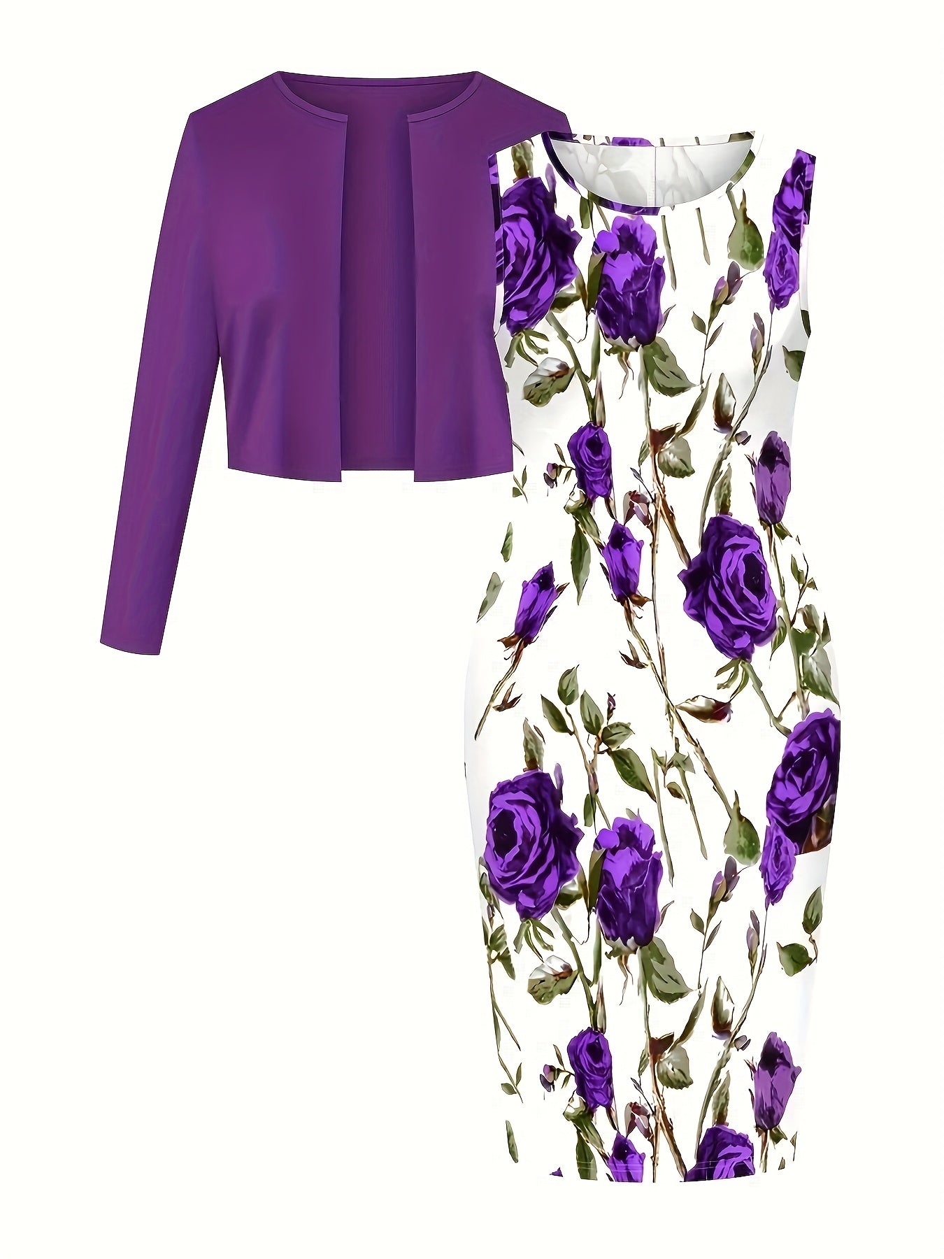 Women Two Piece Dress Set With Long Sleeve Cardigan