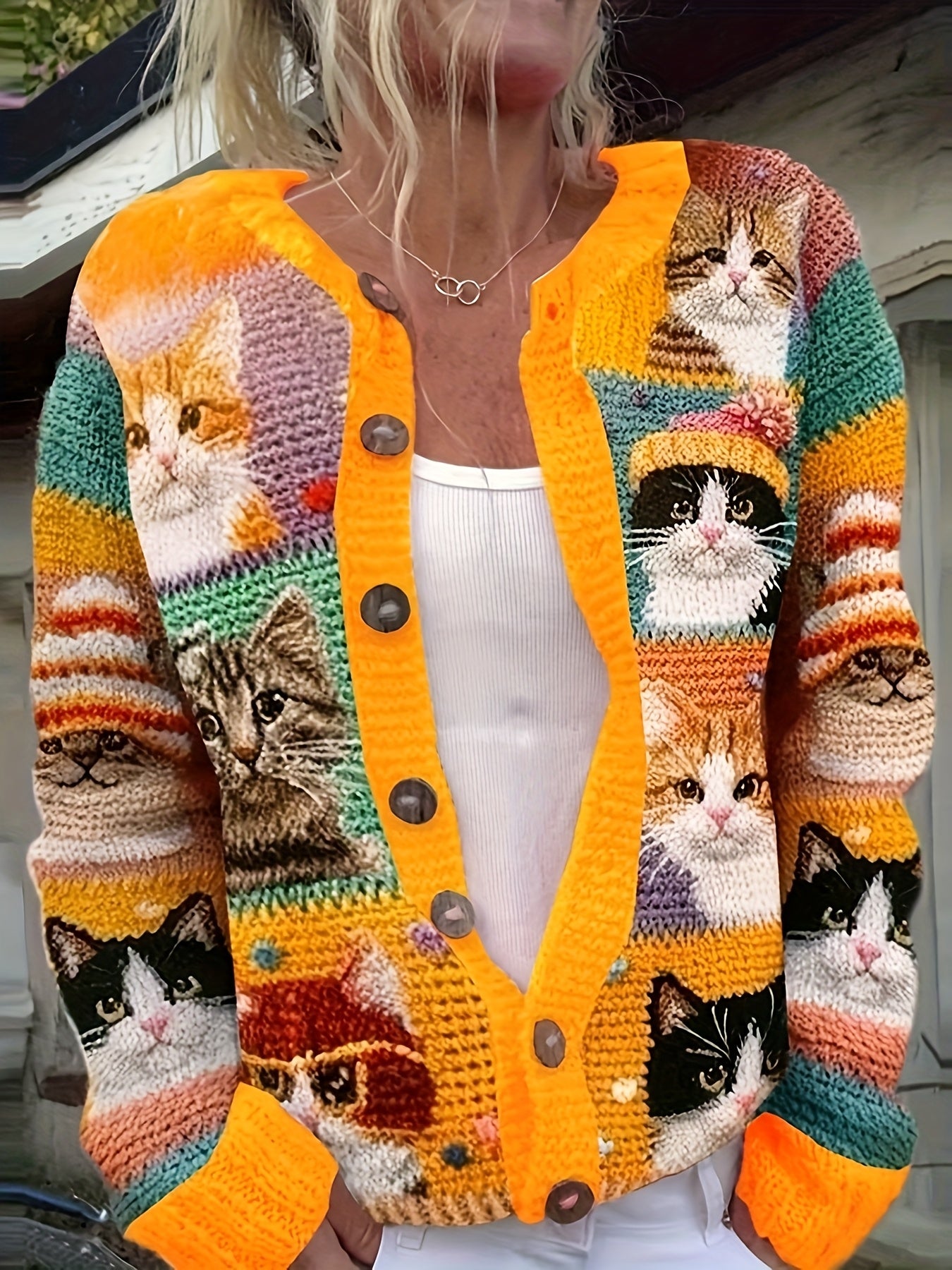 Cat All Over Pattern Cardigan Sweater For Women Long Sleeve