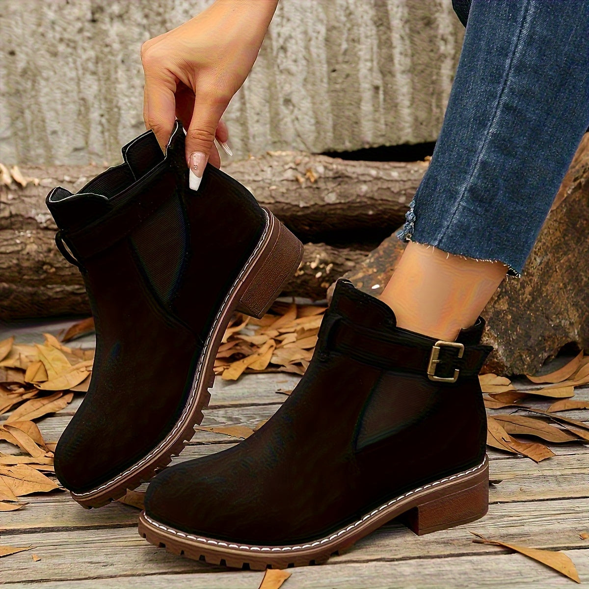 Women's Slip On Ankle Boots Buckle Strap Low Heel Comfort