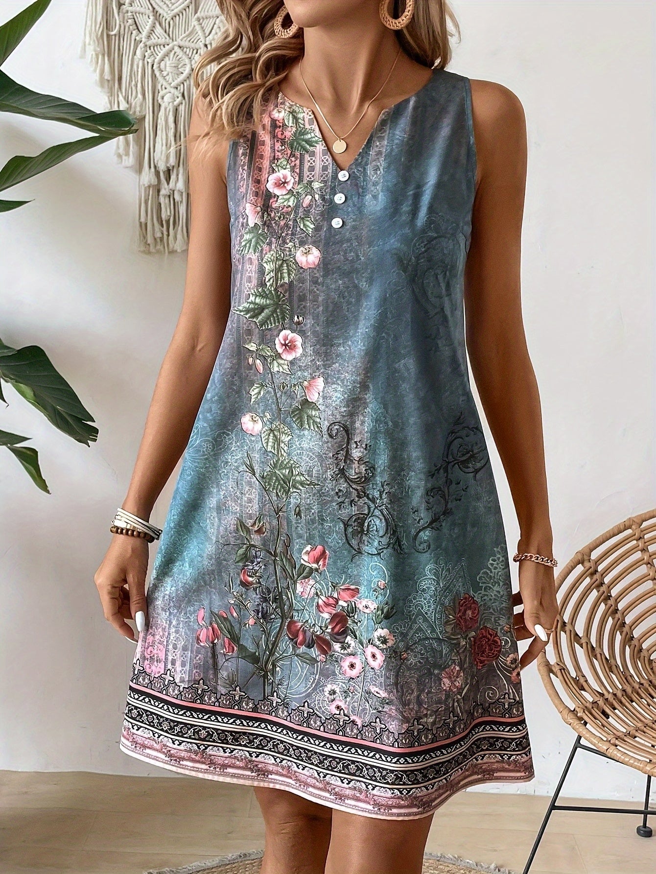 Women's Elegant Print Sleeveless V Neck Dress
