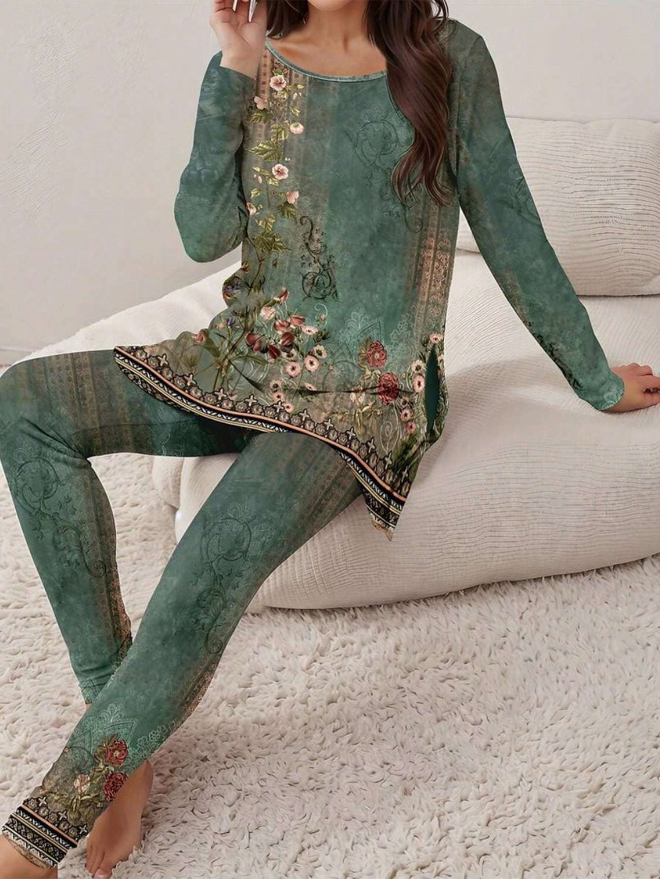 Womens Printed Long Sleeve Top And Pants Casual Set