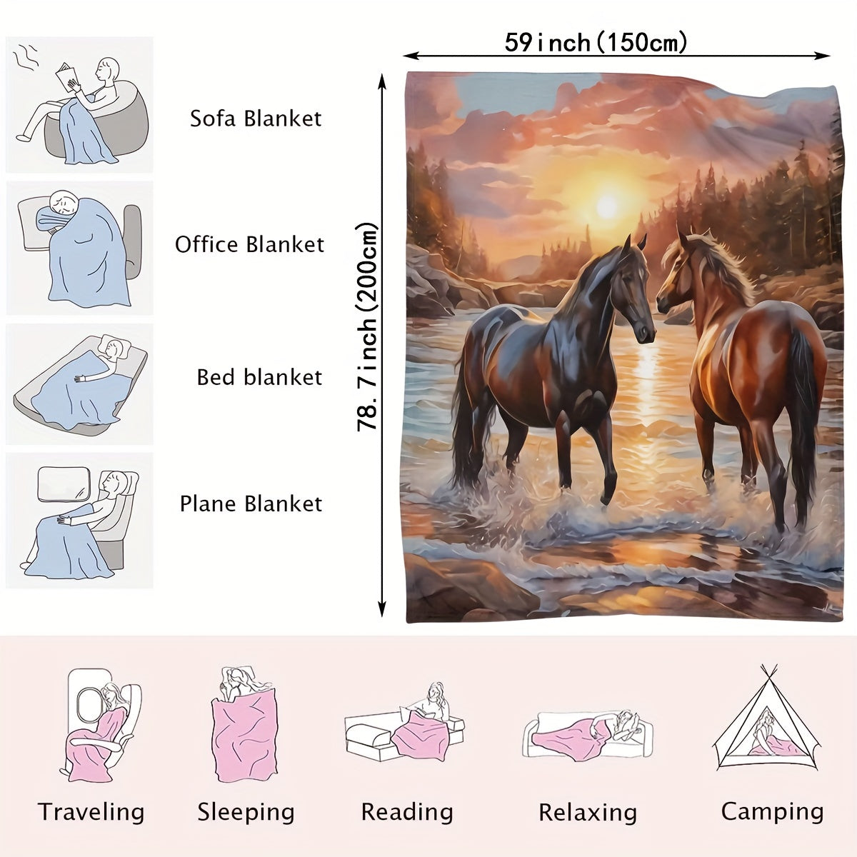 Instant Success Horse Print Flower Blanket Soft Flannel