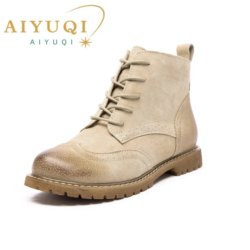 AIYUQICN Women Fur Leather Booties Ankle Boots Classic Retro