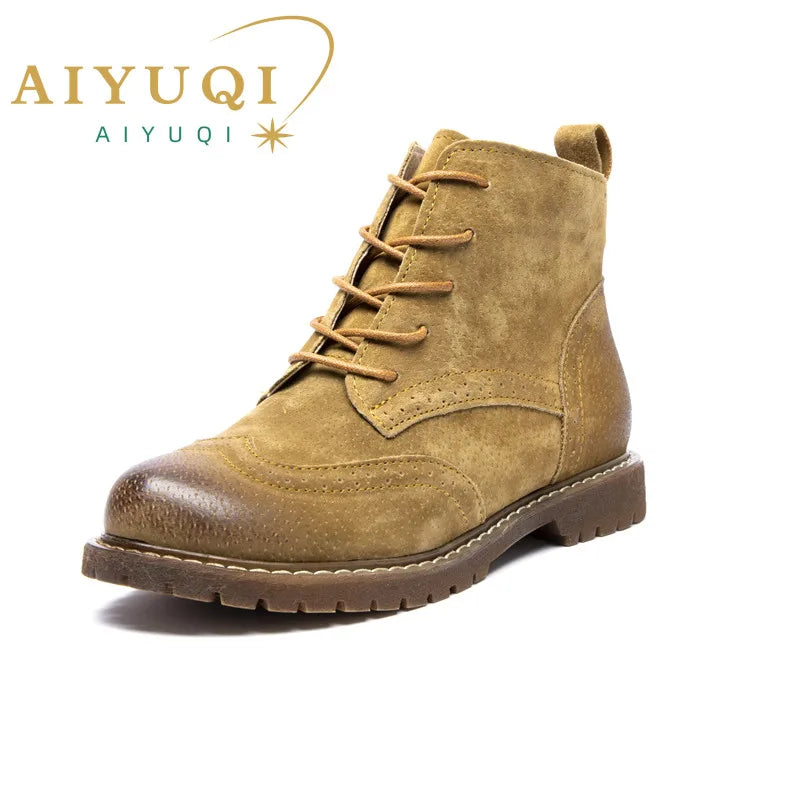 AIYUQICN Women Fur Leather Booties Ankle Boots Classic Retro