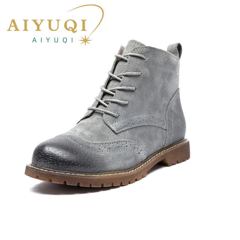 AIYUQICN Women Fur Leather Booties Ankle Boots Classic Retro