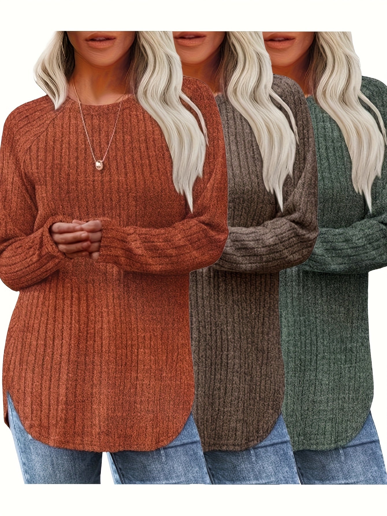 Women 3 Piece Sweater Set Casual Knit Round Neck Tee