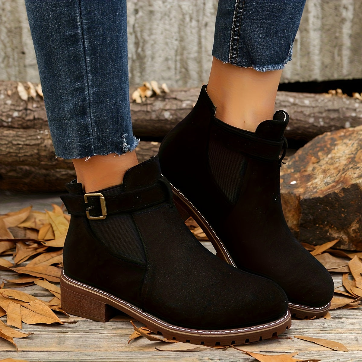 Women's Slip On Ankle Boots Buckle Strap Low Heel Comfort
