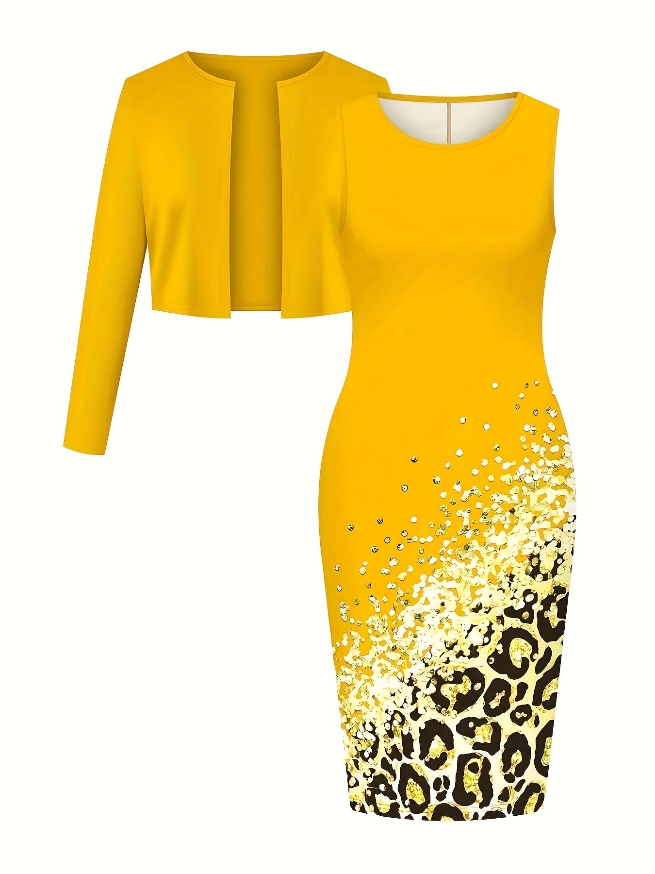 Women Two Piece Dress Set With Long Sleeve Cardigan