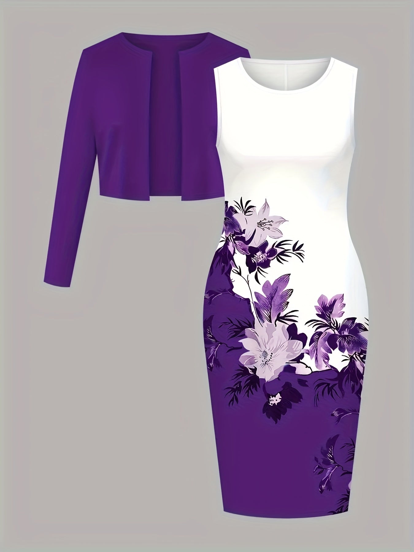 Women Two Piece Dress Set With Long Sleeve Cardigan