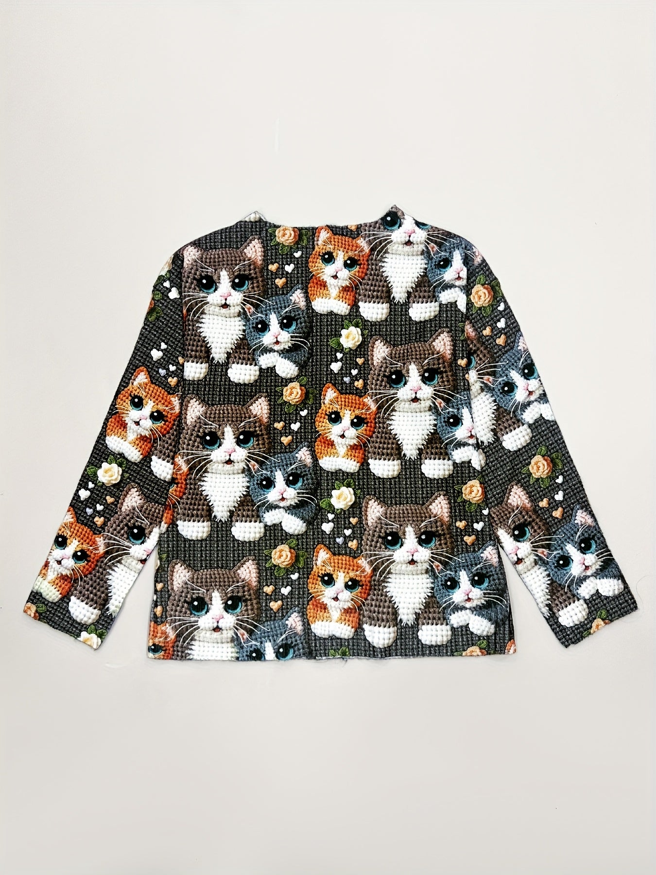 Elegant Cat Print Cardigan With Buttons Crocheted Cats