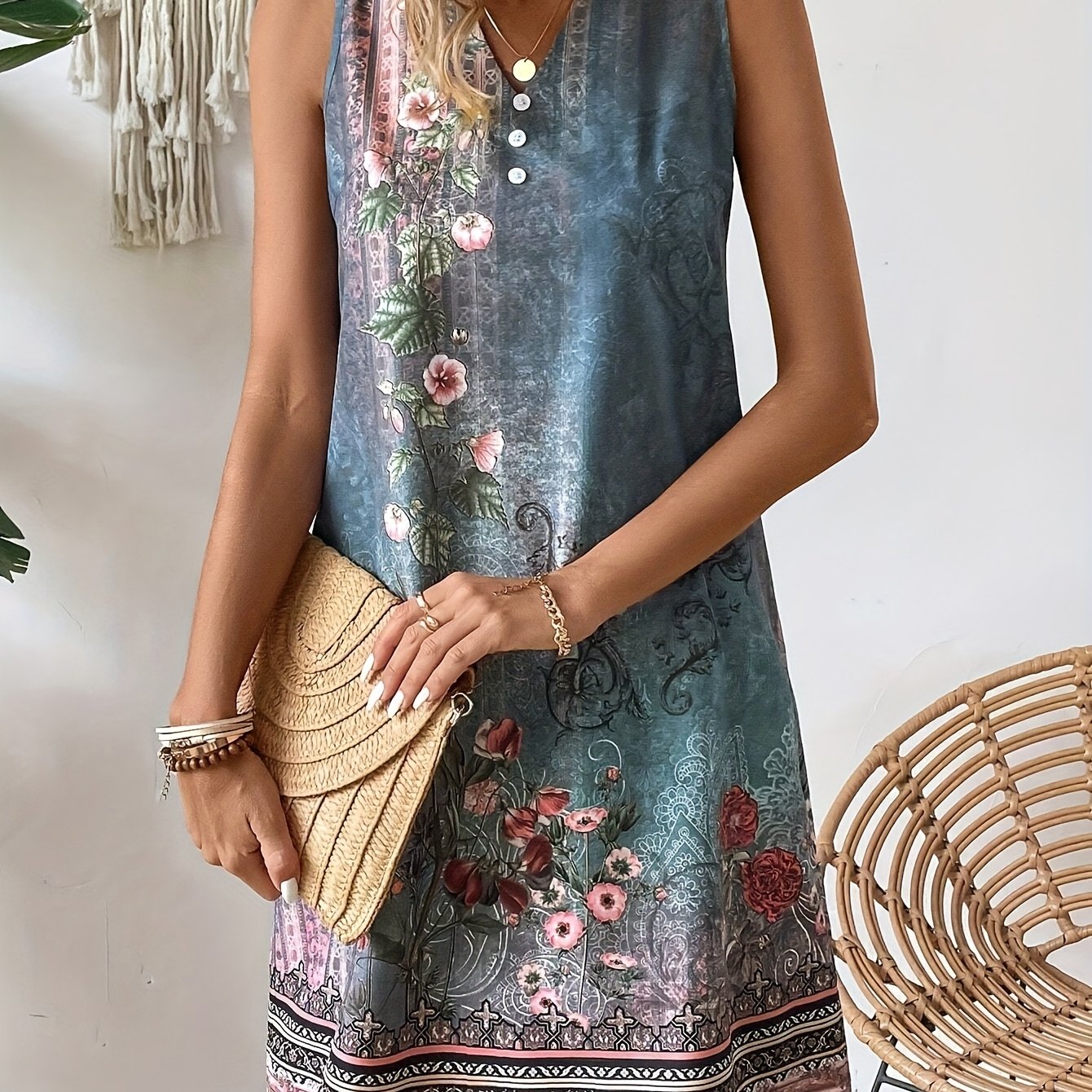 Women's Elegant Print Sleeveless V Neck Dress
