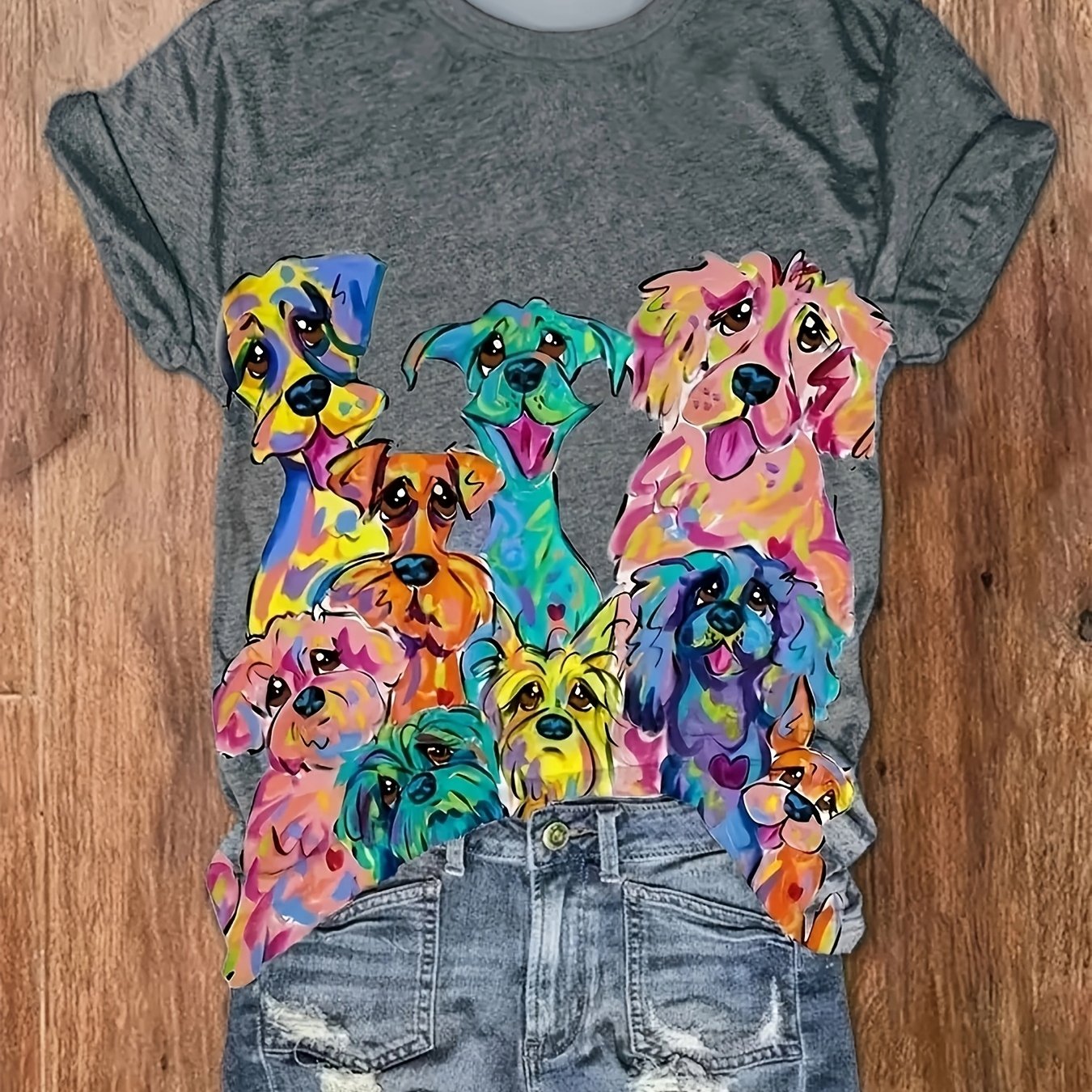 Playful Dog Print Relaxed Fit T Shirt For Women Casual