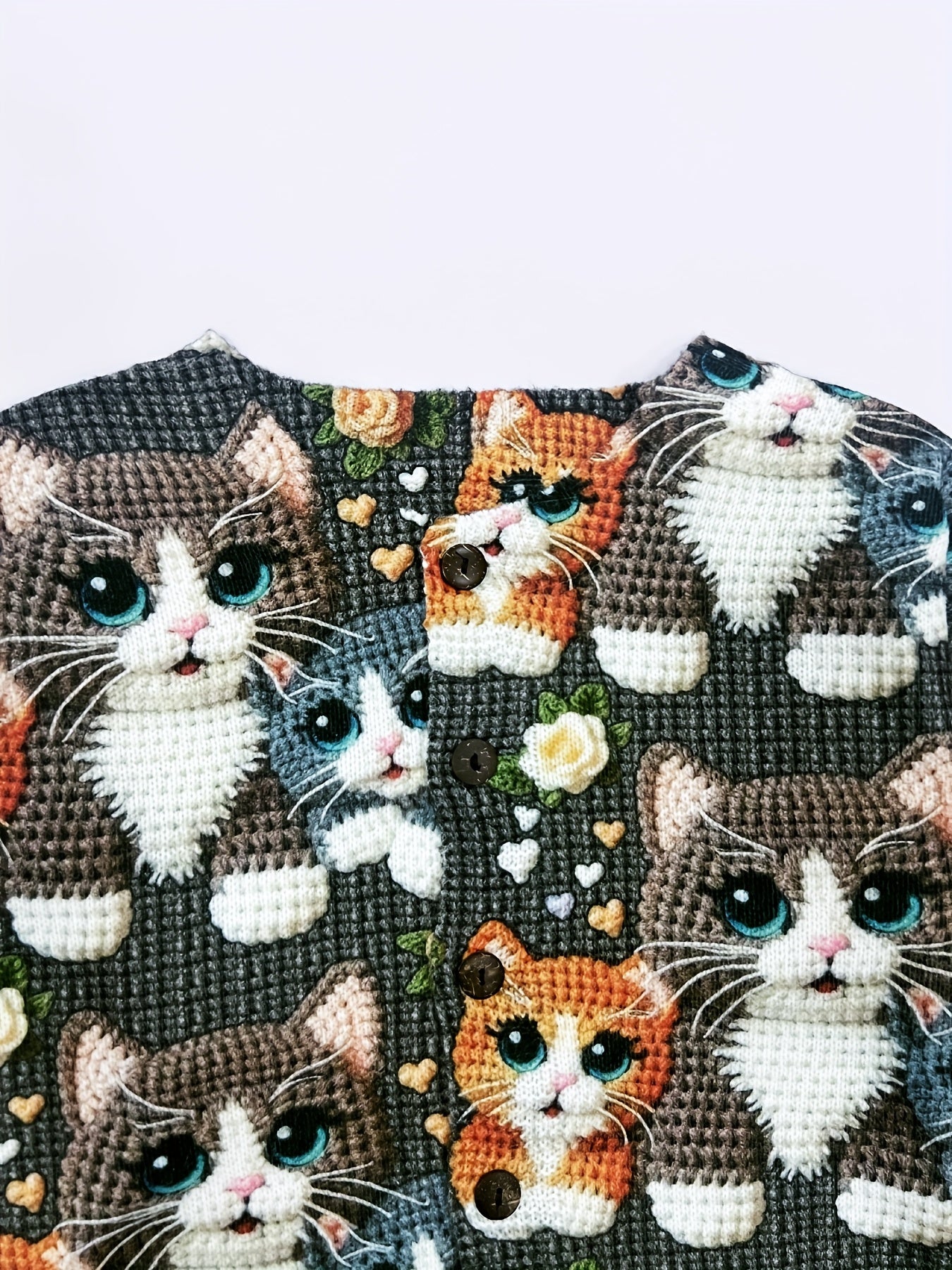 Elegant Cat Print Cardigan With Buttons Crocheted Cats