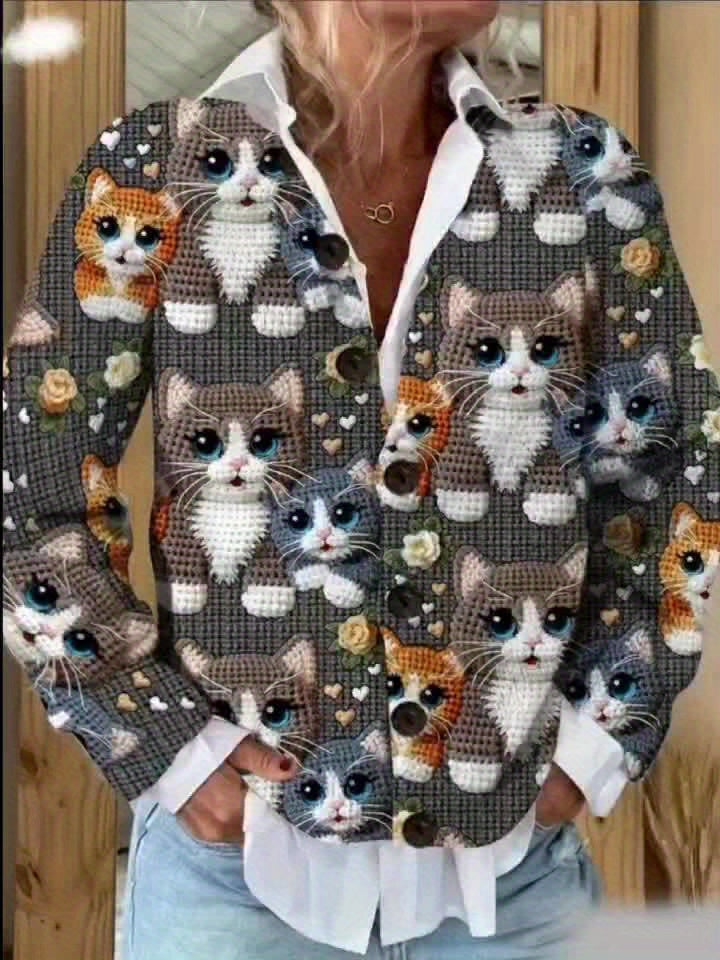 Elegant Cat Print Cardigan With Buttons Crocheted Cats