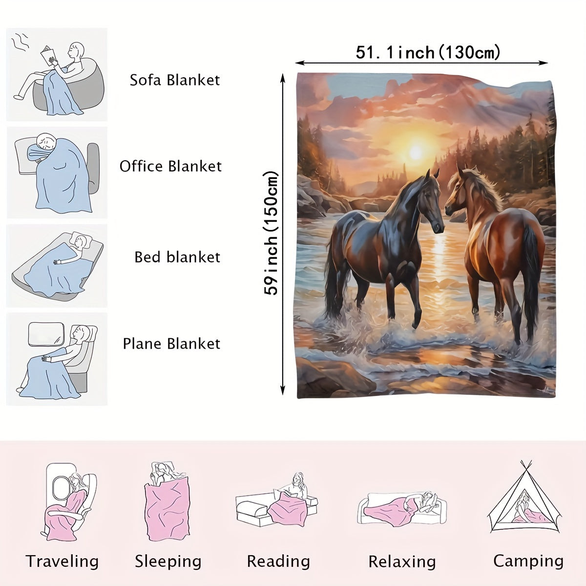 Instant Success Horse Print Flower Blanket Soft Flannel