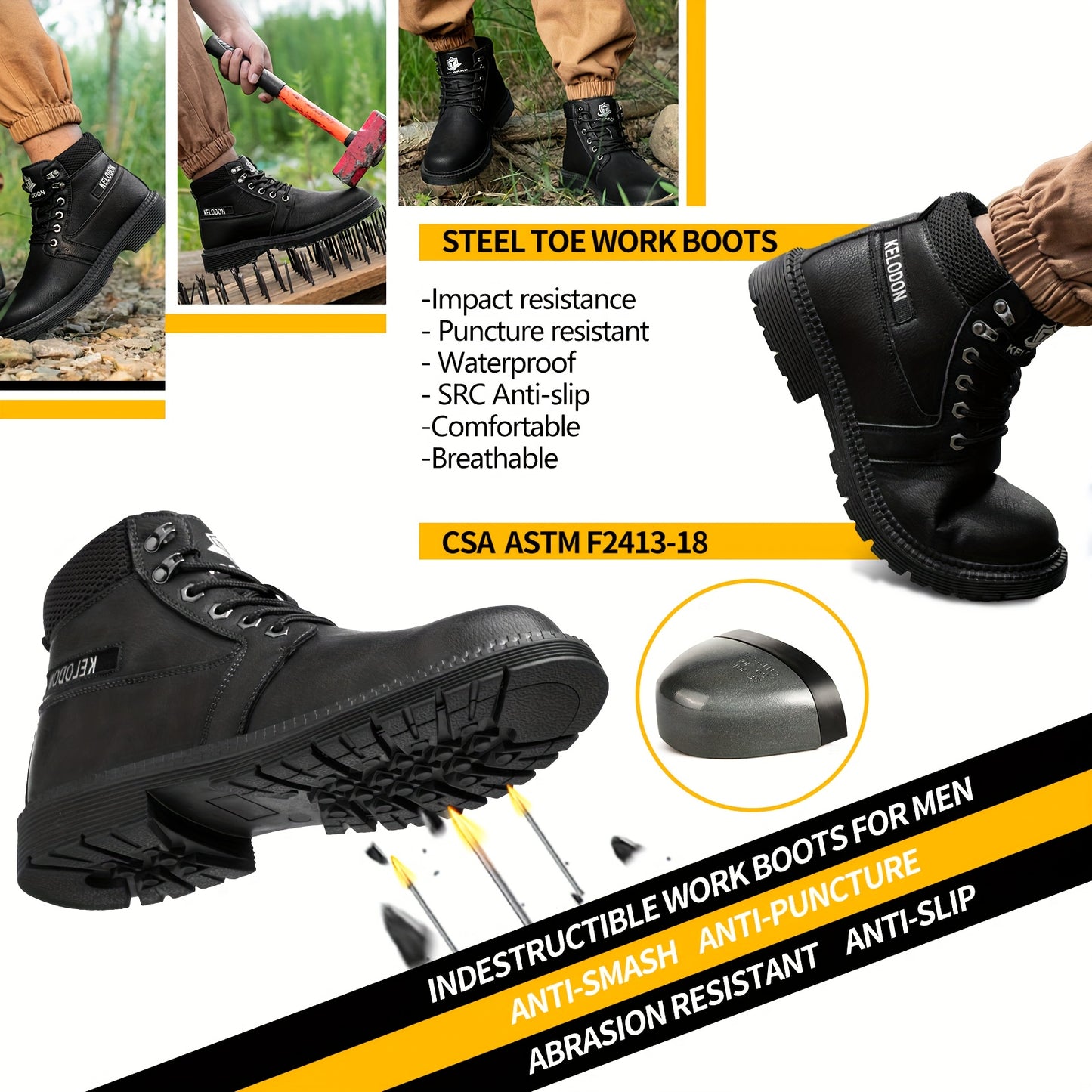 KELODON Men's Heavy Duty Steel Toe Work Boots Slip Resistant