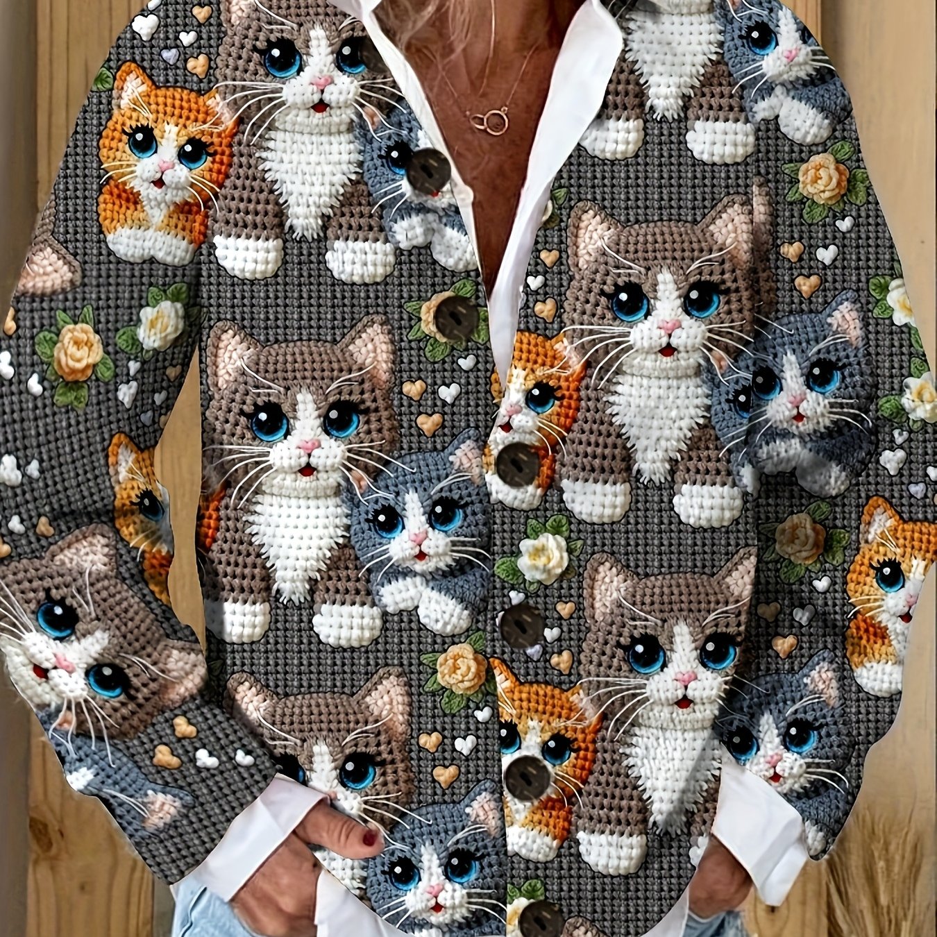 Elegant Cat Print Cardigan With Buttons Crocheted Cats