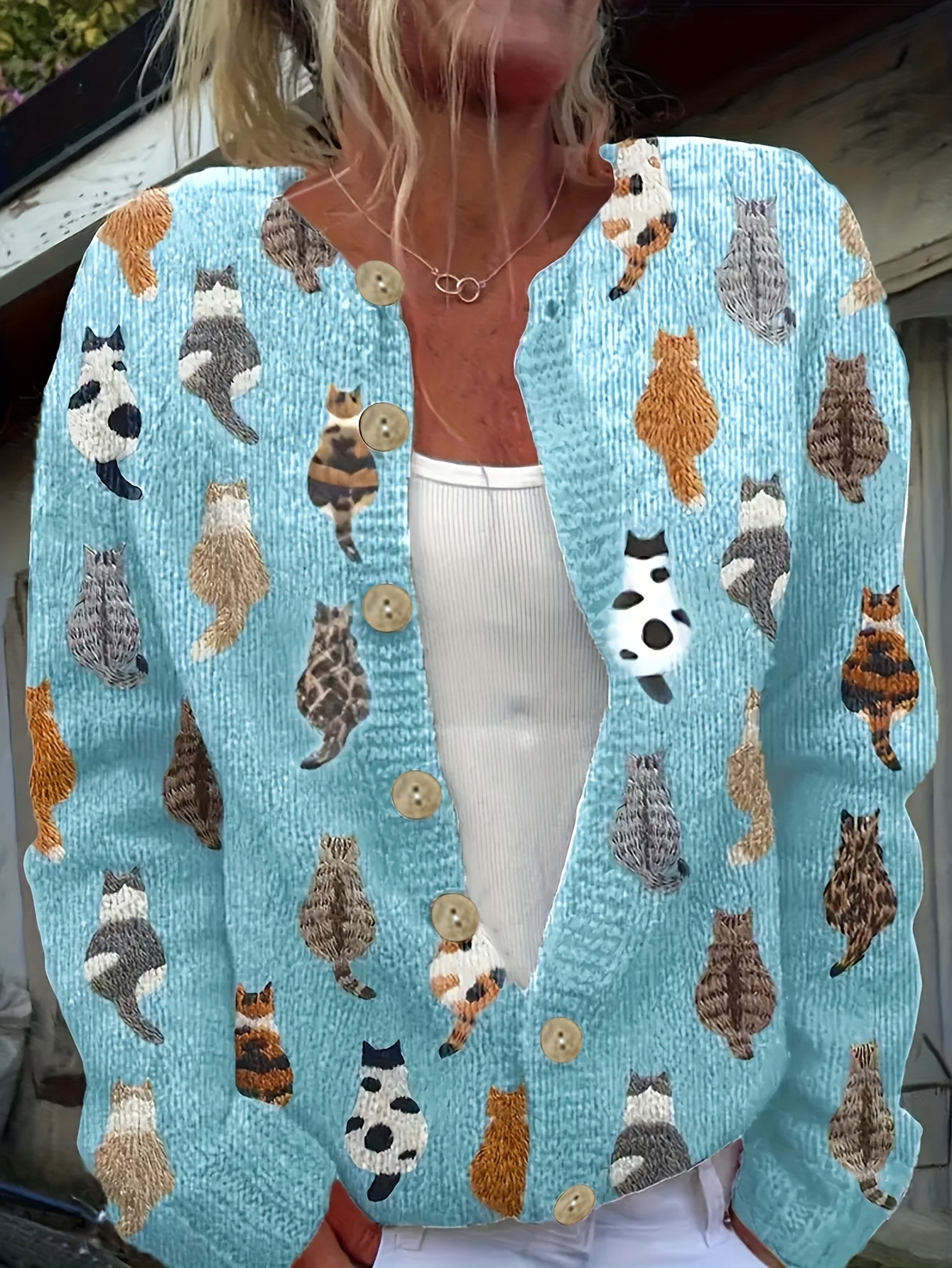 Cat Print Cardigan Sweater Allover Pattern Button Front