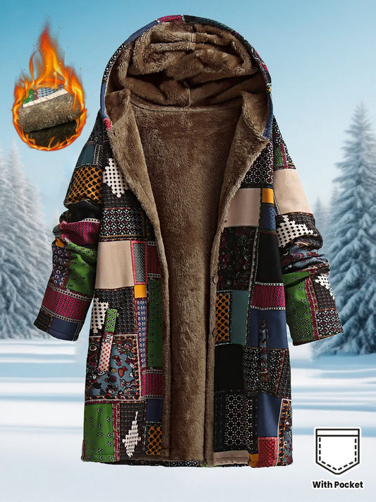 Cozy Fleece Lined Hooded Jacket Geometric Pattern Winter Coat