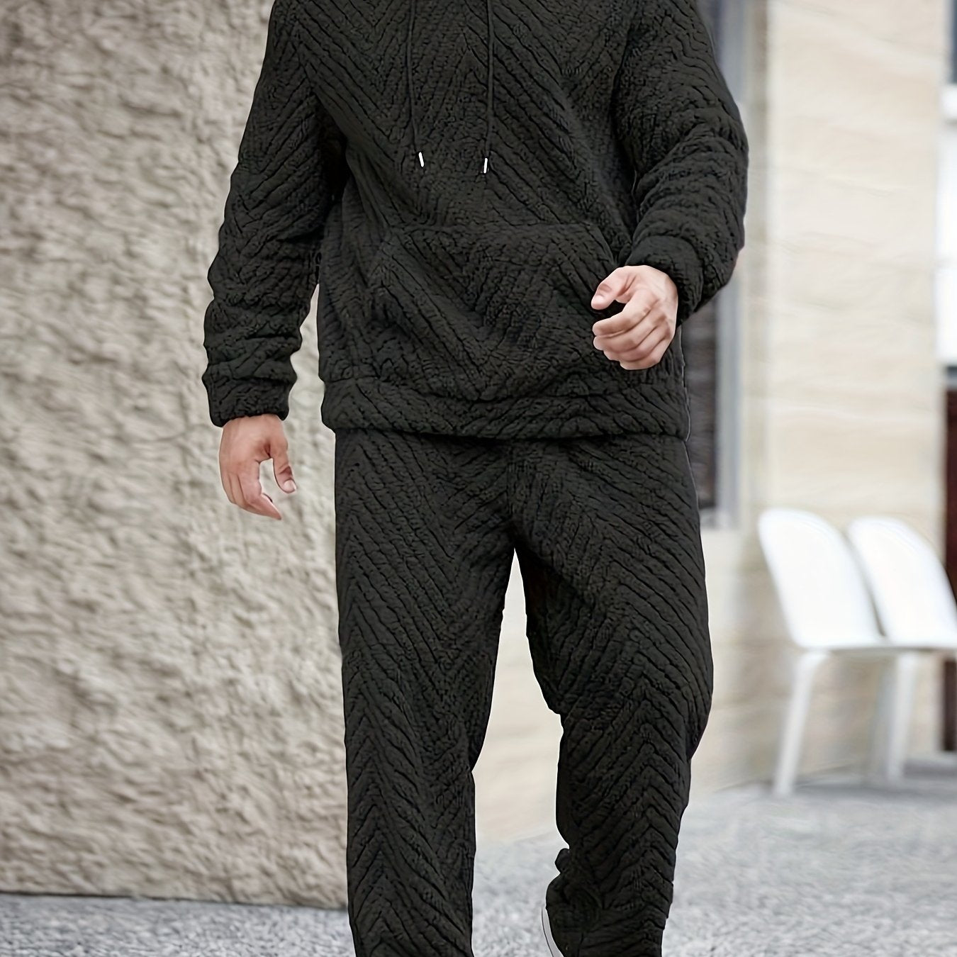 Men's Fleece Hoodie And Wave Pattern Loungewear Set