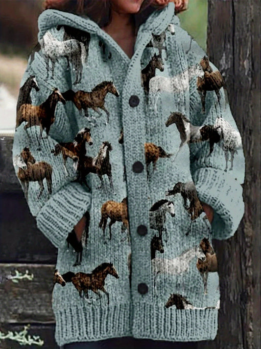 Winter Warm Hooded Horse Print Cozy Sweater for Women
