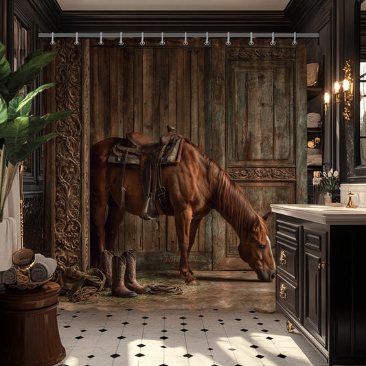 Rustic Farmhouse Shower Curtain With Horse And Cowboy Boots Design