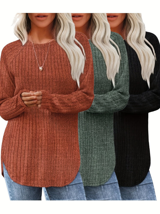 Women 3 Piece Sweater Set Casual Knit Round Neck Tee